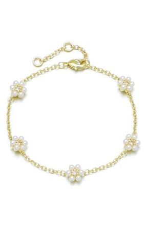 Adornia 14K Gold Plated Faux Pearl & Crystal Flower Station Bracelet in Gold/White at Nordstrom Rack