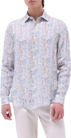 Bugatchi Julian Shaped Fit Linen Button-Up Shirt in Mint at Nordstrom, Size Xxx-Large