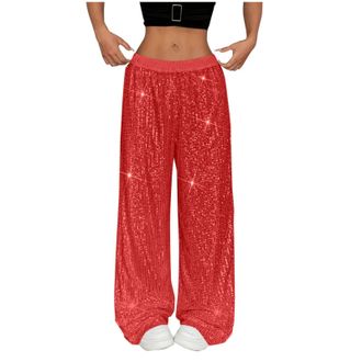 Generic Sequin Trousers for Women UK Glitter Sparkly Trousers Flare Pants Elegant Shiny Bling Bell Rhinestone Sequined Wide Leg High Waist Loose Sparkly Jeans