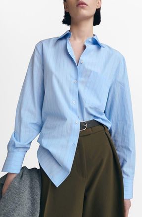 Mango Stripe Poplin Button-Up Shirt in Blue at Nordstrom, Size 10