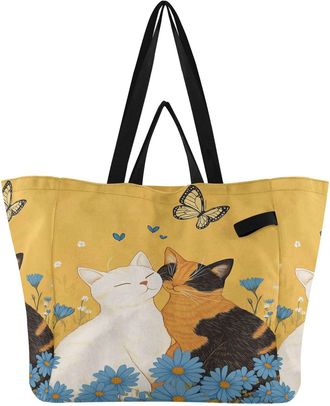 Generic Cats Butterfly Yellow print Reusable Canvas Tote Bag, Heavy Duty Grocery Shopping Bag with Hard Bottom Double Handles Large Capacity Work Groceries Tr