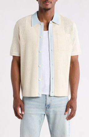 Wax London Belle Tipped Pointelle Stitch Short Sleeve Button-Up Shirt in Ecru /Pale Blue at Nordstrom, Size Xx-Large
