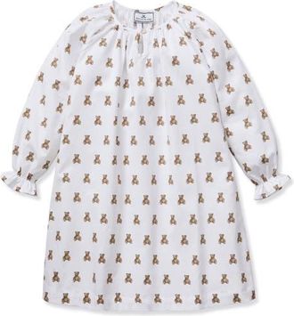Petite Plume Kids Delphine Long Sleeve Cotton Twill Nightgown in White/brown at Nordstrom, Size 3T
