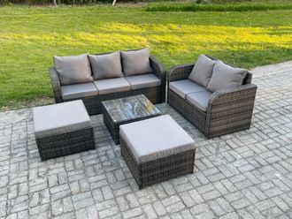 Fimous PE Rattan Garden Furniture Sets 7 Seater Outdoor Lounge Sofa Set Square Coffee Table 2 Big Footstool in Dark Grey