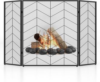 Costway Costway Pantalla De Chimenea De 3 Paneles De 79 X 132 Cm, Pantalla Plegable Con Bisagras Flexibles, Cubierta De Chimenea, Protector Met&aacute;lico De Malla 