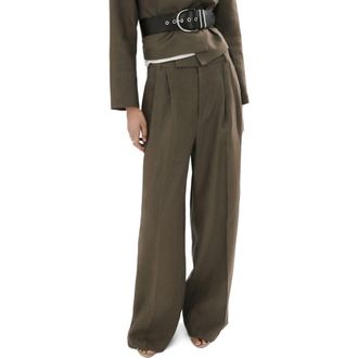 Mango Straight Leg Linen Pants in Khaki Green at Nordstrom, Size 6
