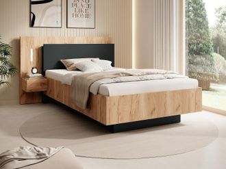 Vente-Unique Letto con comodini 120 x 200 cm 2 cassetti Con LED Naturale e Antracite + Rete - FRANCOLI