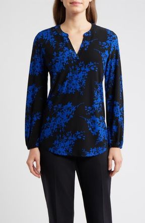 Anne Klein Floral Print Split Neck Top in Anne Black/Empire Blue at Nordstrom, Size Large