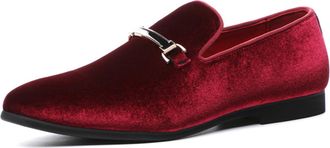 Generic Mens Vintage Style Low Heel Velvet Slip-On Casual Flat Loafers,Red,8 UK