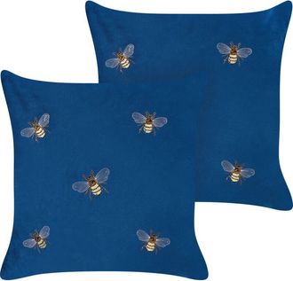 Beliani Conjunto De 2 Cojines Azul Amarillo Marr&oacute;n Blanco 45 X 45 Cm Abejas Talinum
