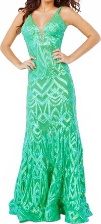 Jovani Low V Neck Sheath Long Dress In Green