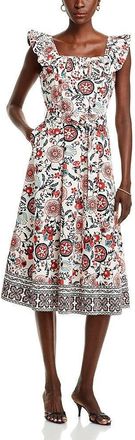 Elie Tahari T Tahari Fit & Flare Dress Womens Multicolor Floral Cotton Ruffle Trim FTS1162
