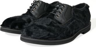 Dolce & Gabbana Mens Black Fur Leather Lace Up Derby Dress Shoes