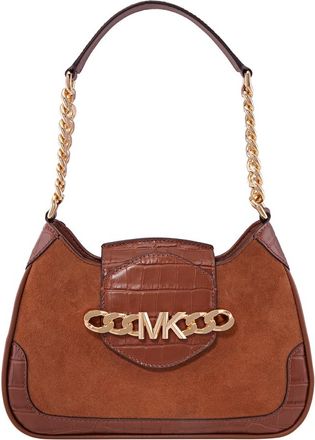 Michael Kors Brown Ladies Hally Small Suede And Crocodile Embossed Shoulder Bag