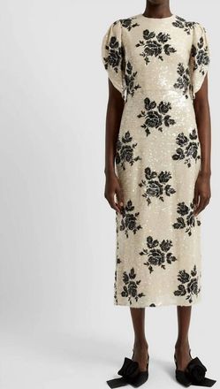 Erdem Short Sleeve Floral Sequined Pencil Dress In White/black