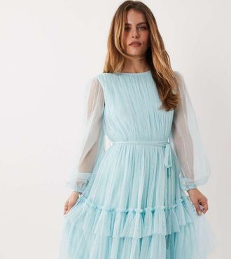 Lace & Beads Petite Vestito midi girocollo a balze azzurro-Verde