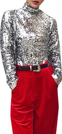 Generic Womens Sequin Turtleneck Top - Sexy Long Sleeve Tunic Top Women Sequins Large Size Shiny Party Tops Slim Fit Classi Sequins Versatile Slim Charming Pa