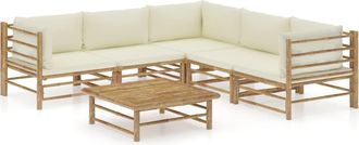 vidaXL Set De Muebles De Jard&iacute;n 6 Piezas Bamb&uacute; Y Cojines Blanco Crema Vidaxl