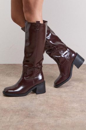 Oasis Womens Luna High Shine Faux Leather Gaucho Knee Boots - Burgundy - Size UK 6