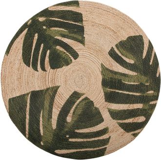 Beliani Tappeto Tondo In Iuta &Oslash; 140 Cm Beige/verde Motivo Foglie Incik