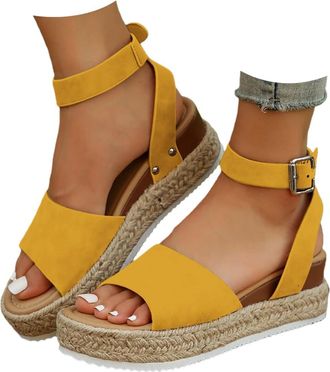 Generic Womens Platform Espadrilles Summer Open Toe Buckle Ankle Strap Beach Sandal Casual Comfortable Faux Leather Dressy Elegant Flats Sandals with Arch Sup