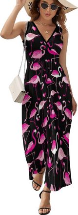 Generic Pinkcolor Flamingos Womens Maxi Dress Sleeveless V Neck Dresses Casual Outfits M