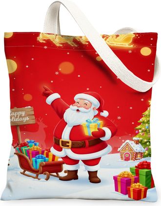 Generic Festive Santa Canvas Tote Bags, Holiday Cheer Pattern Reusable Grocery Bags, Christmas Lightweight Washable Shoulder Strap, Red, 13x15 Inch