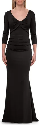 La Femme Three-Quarter Sleeve Jersey Gown with Ruched Bodice in Black at Nordstrom, Size 16