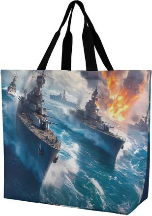 Generic Warship Battleships Reusable Shopping Bags Large Capacity Grocery Bag Heavy Duty Tote for Women 40x40x16cm