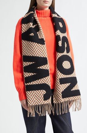 J.W.Anderson Logo Wool & Alpaca Blend Fringe Scarf in Brown/White at Nordstrom
