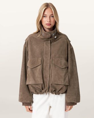 AllSaints Clay Funnel Neck Suede Cropped Jacket