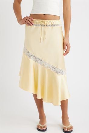 Damson Madder Delphia Lace Inset Asymmetric Satin Skirt in Yellow at Nordstrom, Size 10 Us