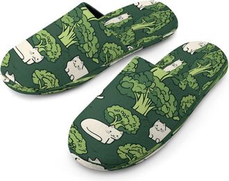 Generic Broccoli And Cat Mens Cotton Slippers Memory Foam Comfort House Shoes Winter Indoor Slipper for Hotel Casa Spa