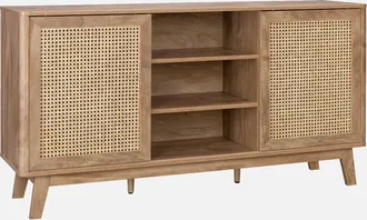 Sweeek Sweeek - Aparador Con 2 Puertas Correderas Y Estantes Efecto Madera Y Ca&ntilde;a, 150cm, Mani, Natural, 150x39x79 Cm