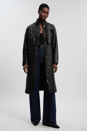 Karen Millen Womens Longline Quilted Leather Biker Jacket - Black - Size 14 UK