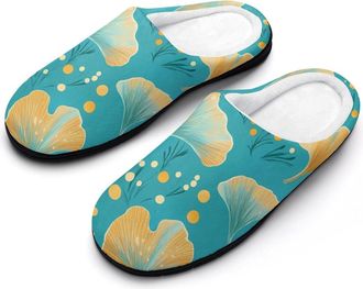 Generic Ginkgo Pattern Cotton Slippers for Women Indoor Outdoor Slipper Slip-On Memory Foam Home Shoes