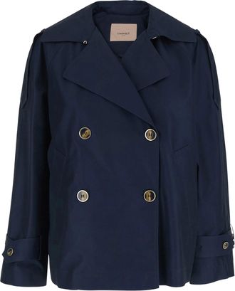 Twin-Set Blue Caban Cropped Double-Breasted Peacoat