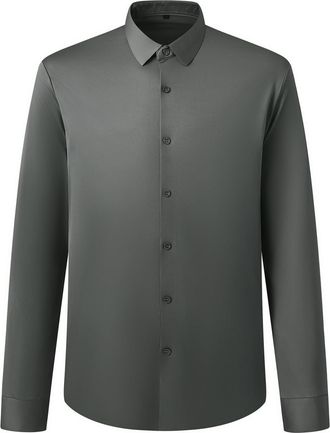 AlltheMen Mens Dress Shirt Long Sleeve No Iron Stretch Plain Shirts Business Formal Button Down Shirt Classic Fit Grey XL