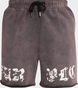 Purple Men & apos;s Worn Gothic Logo Cotton Fleece Shorts
