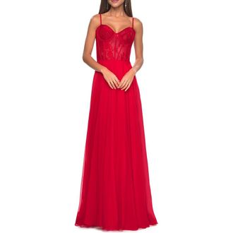La Femme Chiffon and Lace Gown with Bustier Top in Red at Nordstrom, Size 12