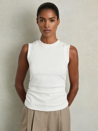 Reiss White Fine-rib Ruched Vest Top, XS