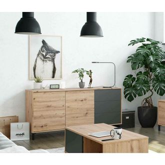 Dmora Aparador Dbog, Aparador Moderno Con 2 Puertas Y 3 Cajones, Bufet De Sal&oacute;n, Gabinete De Tv, Aparador Para Sal&oacute;n, 154x41h74 Cm, Roble Anudado Y Antracit