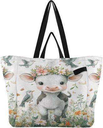 Generic Bird Daisies White Cow print Reusable Canvas Tote Bag, Heavy Duty Grocery Shopping Bag with Double Handles Large Capacity Hard Bottom Work Groceries T