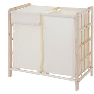 Hhg Hhg - Cubo De La Ropa 582, Cesto De La Ropa Cesto De La Ropa, Madera Maciza 2 Compartimentos 60x60x33cm 68l, Marr&oacute;n Claro, Tapa Crema