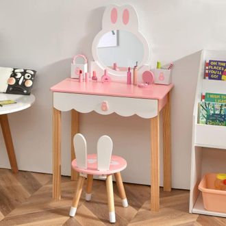 Costway Costway - Set Mesa Tocador y Silla para Niños, Set Tocador Infantil con Espejo, Cajones, Mesa de Maquillaje (Rosa)