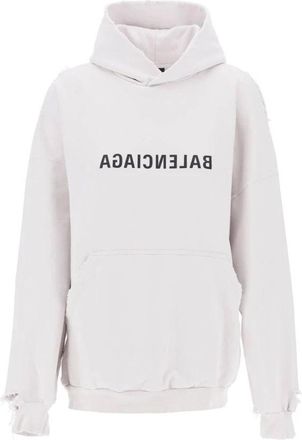 Balenciaga Hoodies, male, White, Size: XL Logo Hooded Sweatshirt with Distressed Details