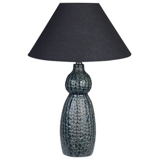 Beliani L&aacute;mpara De Mesa De Cer&aacute;mica Azul Oscuro Negro 60 Cm Pantalla De Tela Matina