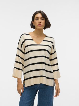 Vero Moda V-Ausschnitt-Pullover VERO MODA VMSABA 3/4 V-NCK STRIPE PULLOVER GA NOOS, Damen, Gr. XS, beige (birch stripes:schwarz), Strick, Obermaterial: 50% Visk