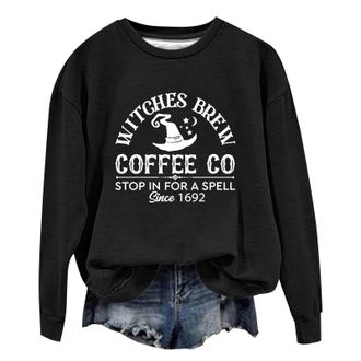 Generic Witches Brew Coffee Company Sweatshirt Women Halloween Crewneck Long Sleeve Graphic Shirts Fall Pullover Tops Womens Jumpers Ladies Jumpers