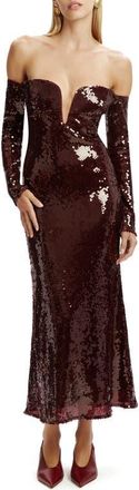 Bardot Emmeline Sequin Long Sleeve Off the Shoulder Dress in Wine at Nordstrom, Size 2